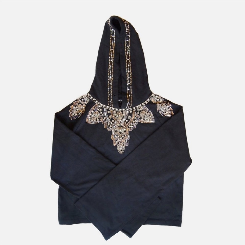ANTHROPOLOGIE- Love Sam -Black Embellished Crop Hoodie, Sequins & Beads | Medium